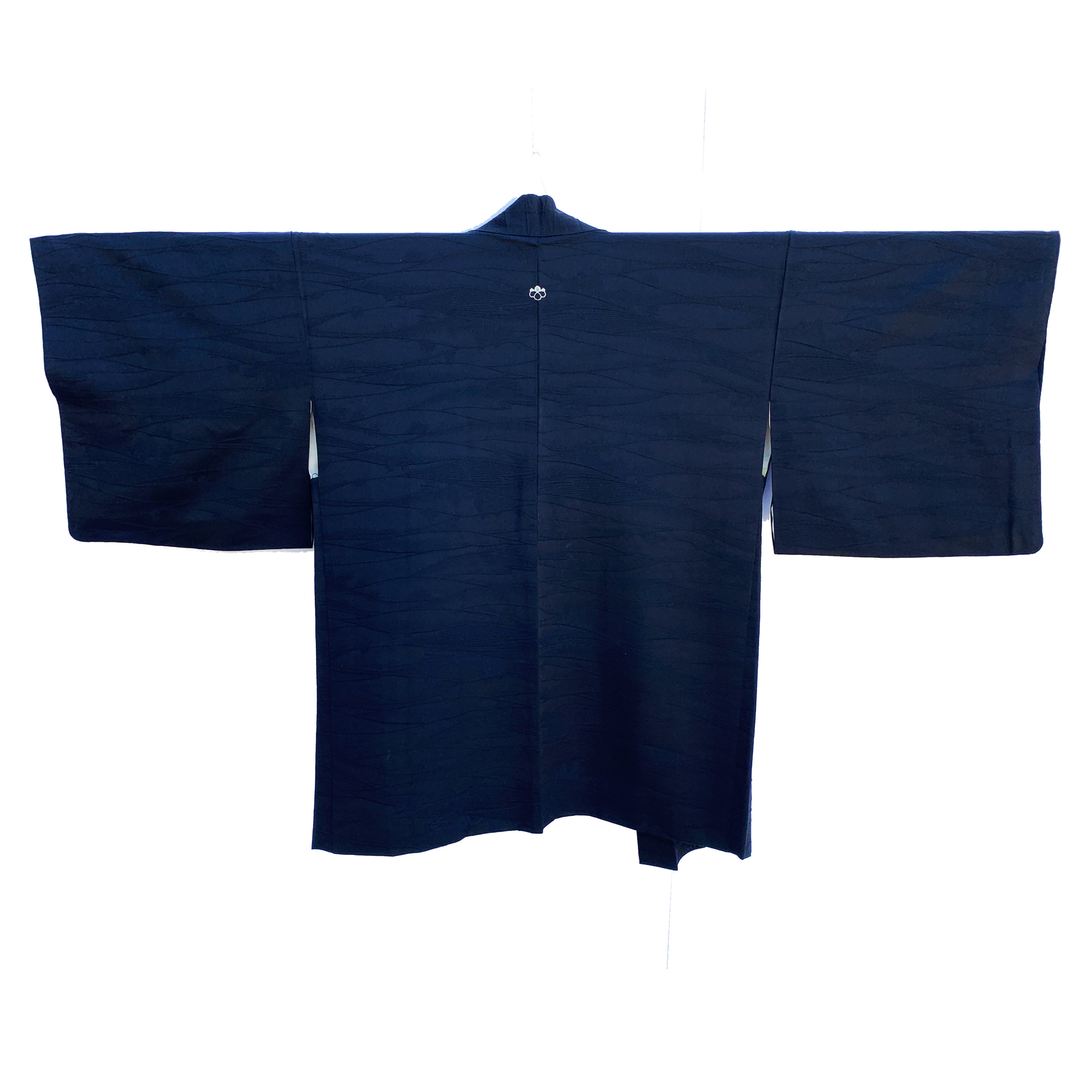Black textured silk haori with landscape pattern and family crest ...