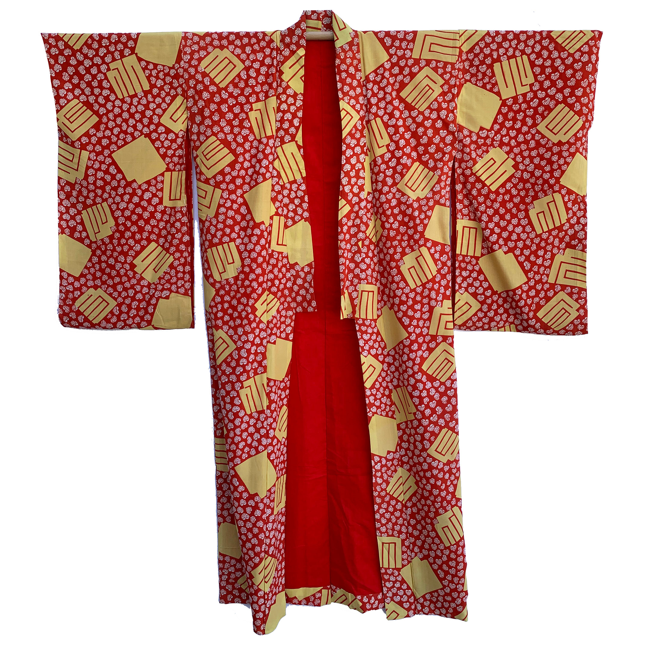 Vintage red and yellow silk crepe juban with leaf and geometric pattern ...